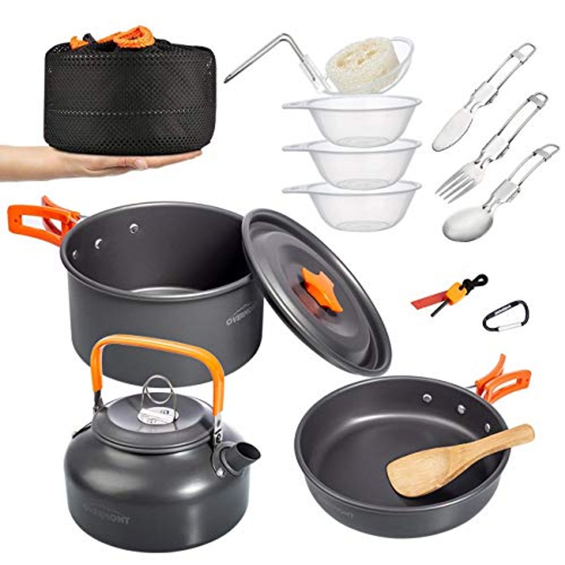 Lugar Overmont 14Pcs Kit de Utensilios Cocina Camping Olla Sartén Tetera Vajilla para