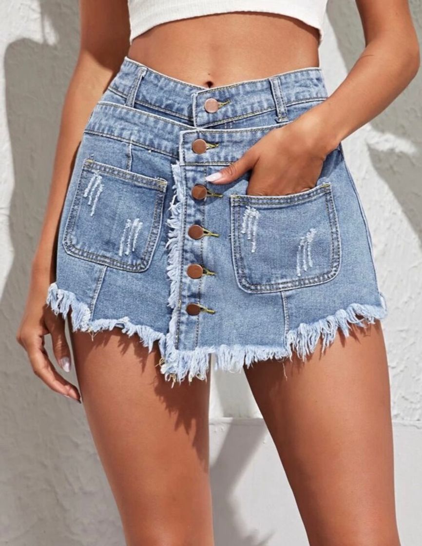 Social Falda denim bajo crudo con botón delantero 