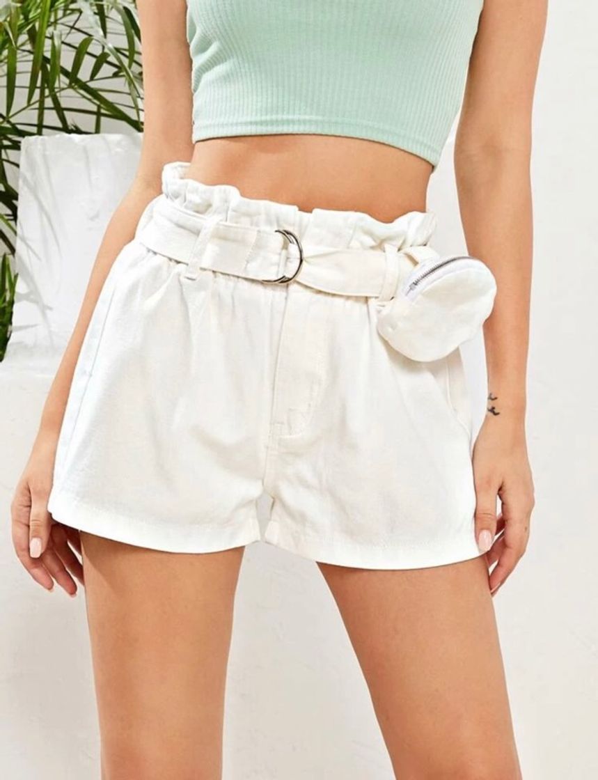 Social Short denim con cinturón de cintura con volante con bolsa 