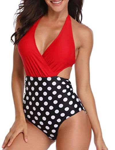 Yuson Girl Sexy Mujer Traje De Baño Flores Vintage Enterizo Dama Traje De Baño Escote v Vientre Plano Cintura Alta Cuello Halter Talla Grande Monokini Traje De Baño Push Up con Padded Bra