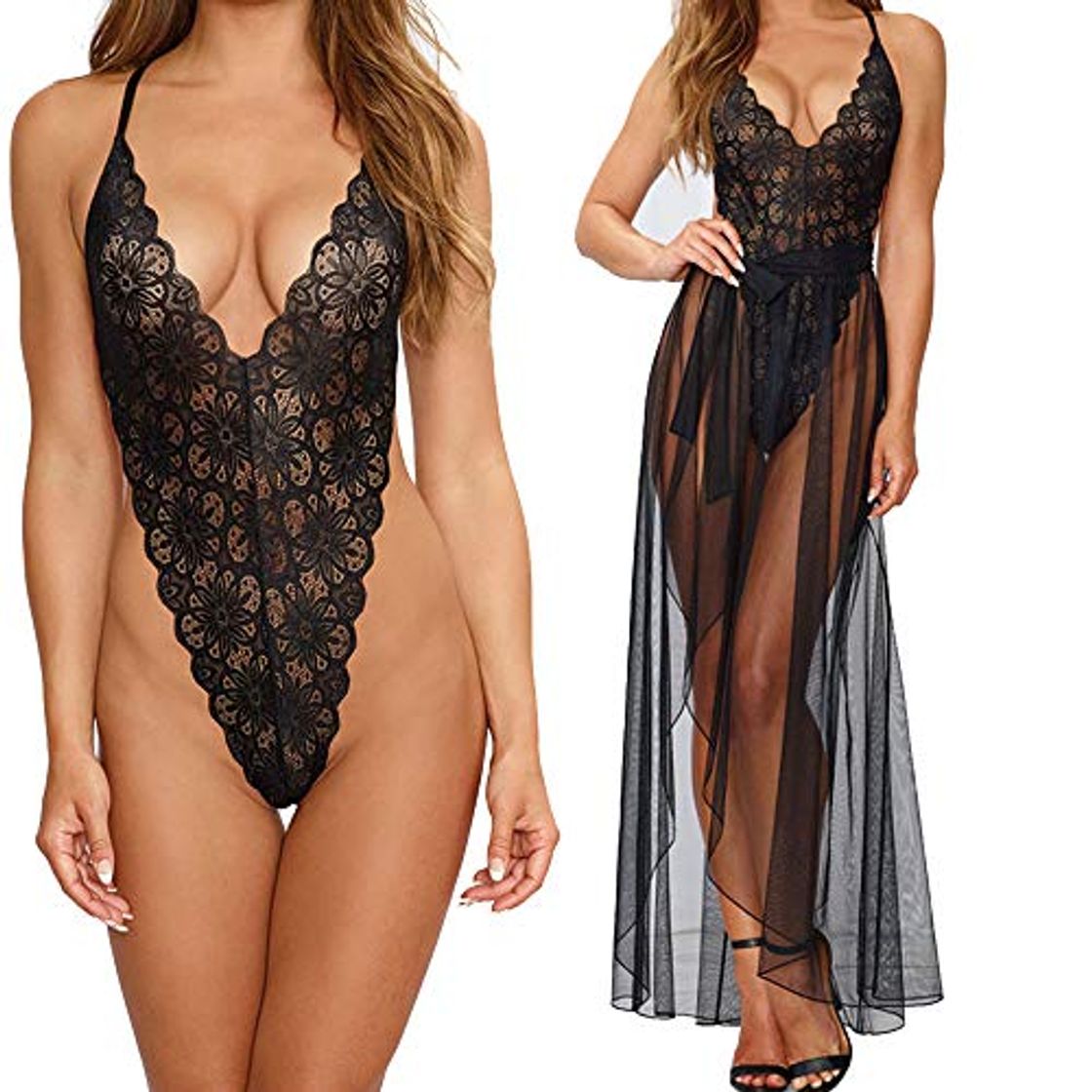Social Vestidos Mujer Sexy Conjunto de Lenceria Sexy 2 Piezas Babydoll Encaje Transparente