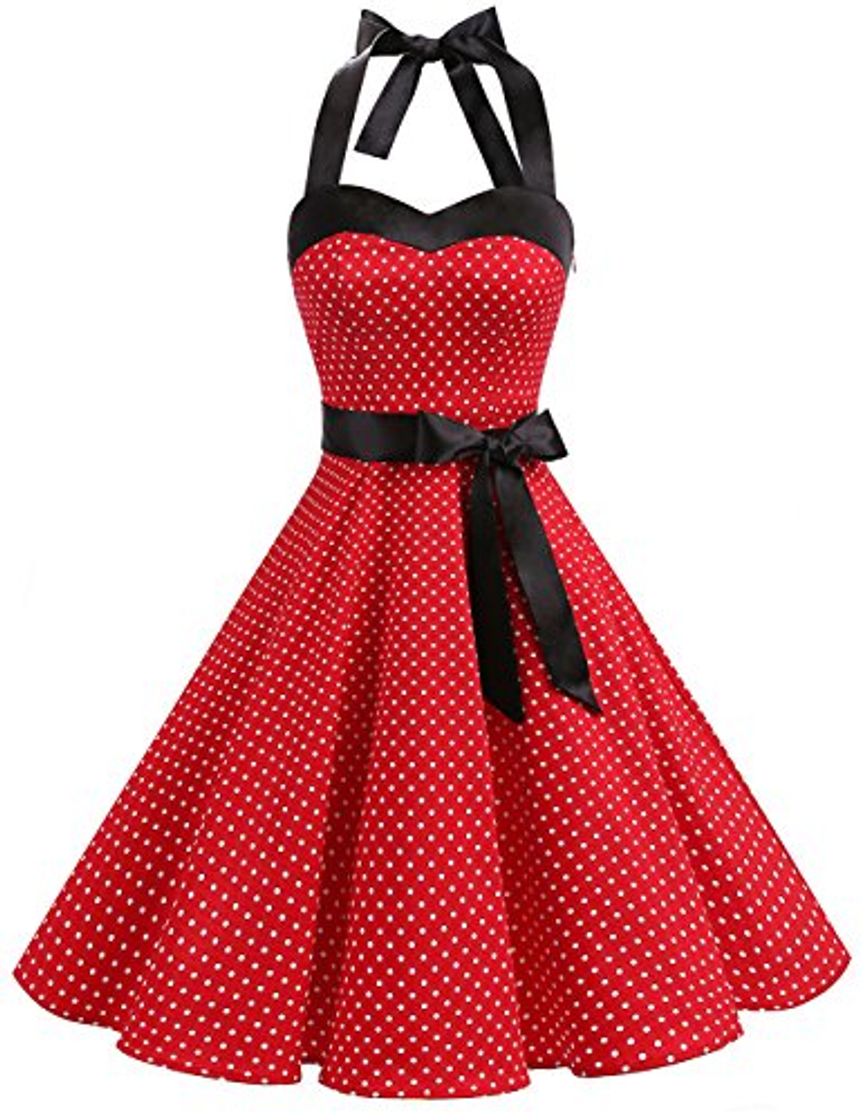 DRESSTELLS Halter 50s Rockabilly Polka Dots Dots Dress Petticoat Pleated Skirt Black Red Dot L
