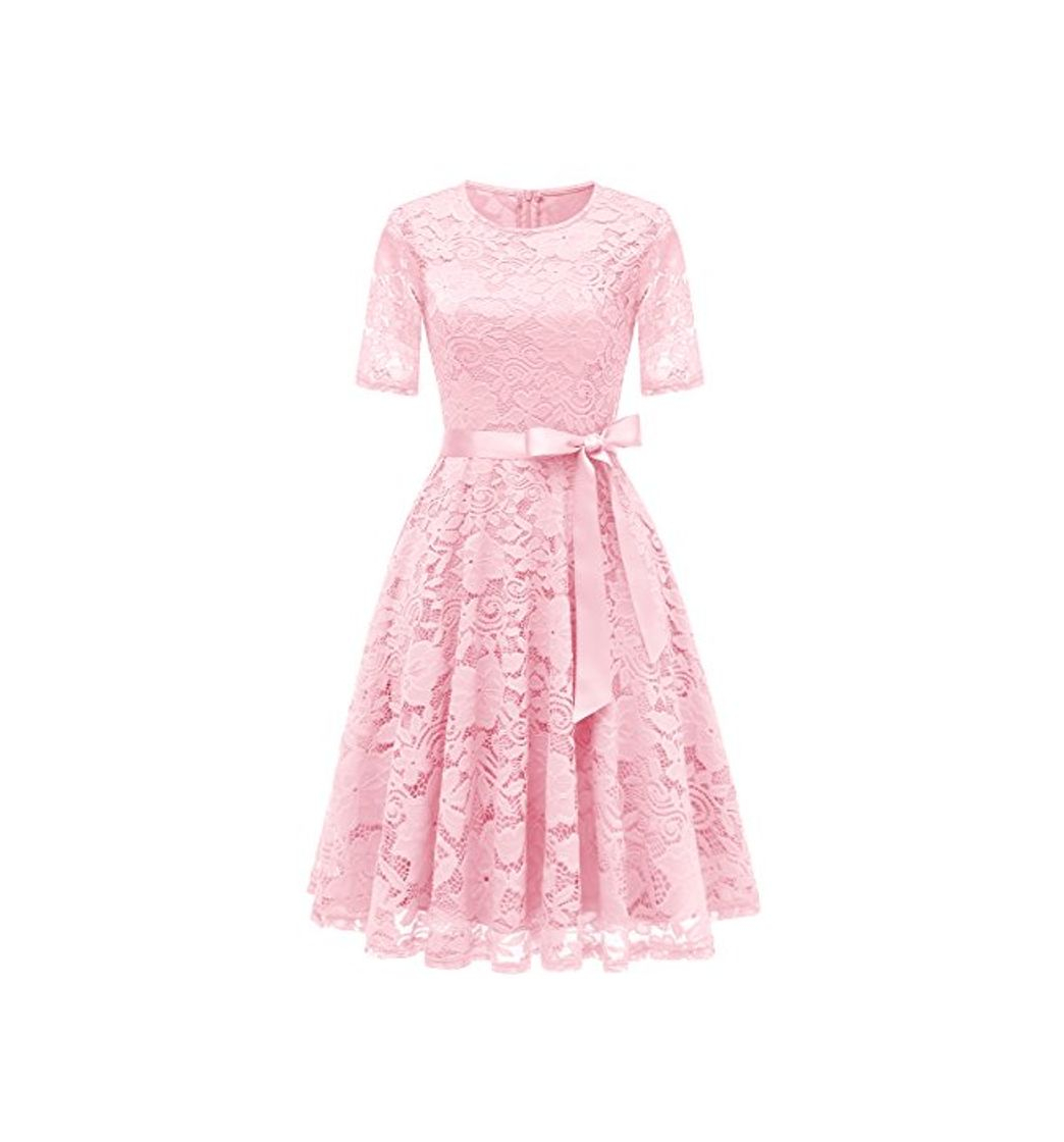DRESSTELLS Mujer Elegante Vestido de Encaje Cuello Redondo Manga Corta Vestidos de Cóctel de Fiesta