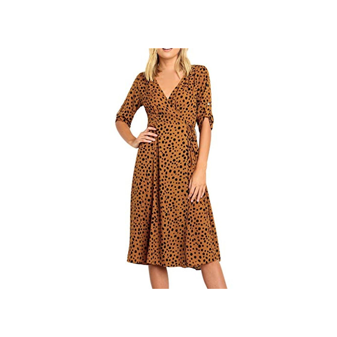 Producto Mid Vestido de Leopardo Mujer Lunares Vestido Bandage Suelto Elegante Vestido Manga Corto Boho Vestido de Playa Fiesta Cuello Pico Plisado Amarillo S