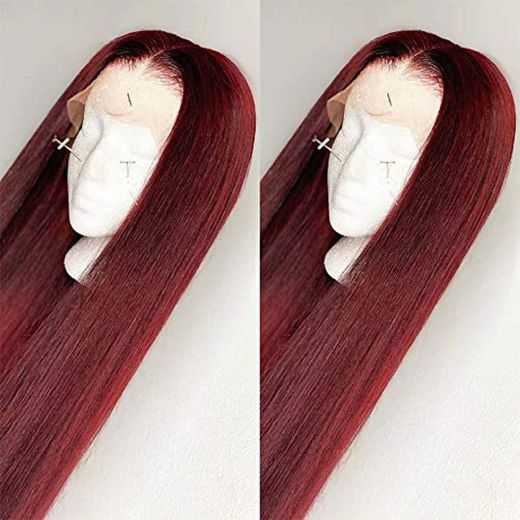 Fureya Synthetic Wigs for Women Heat Resistant Fiber Glueless Lace Front Ombre Wigs with Baby Hair Wine Red with Black Roots 24 inch