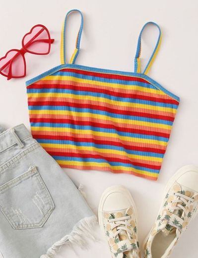 Color Striped Rib-Knit Cami Top