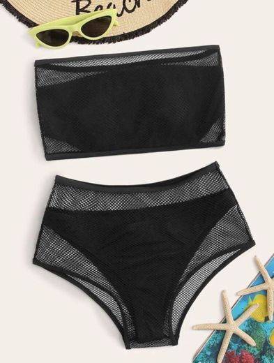 Fishnet Overlay Bandeau High Waisted Bikini Swimsuit