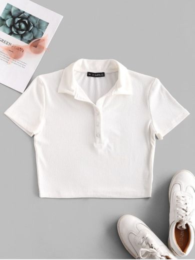 ZAFUL Half Buttoned Solid Ribbed Cropped Tee