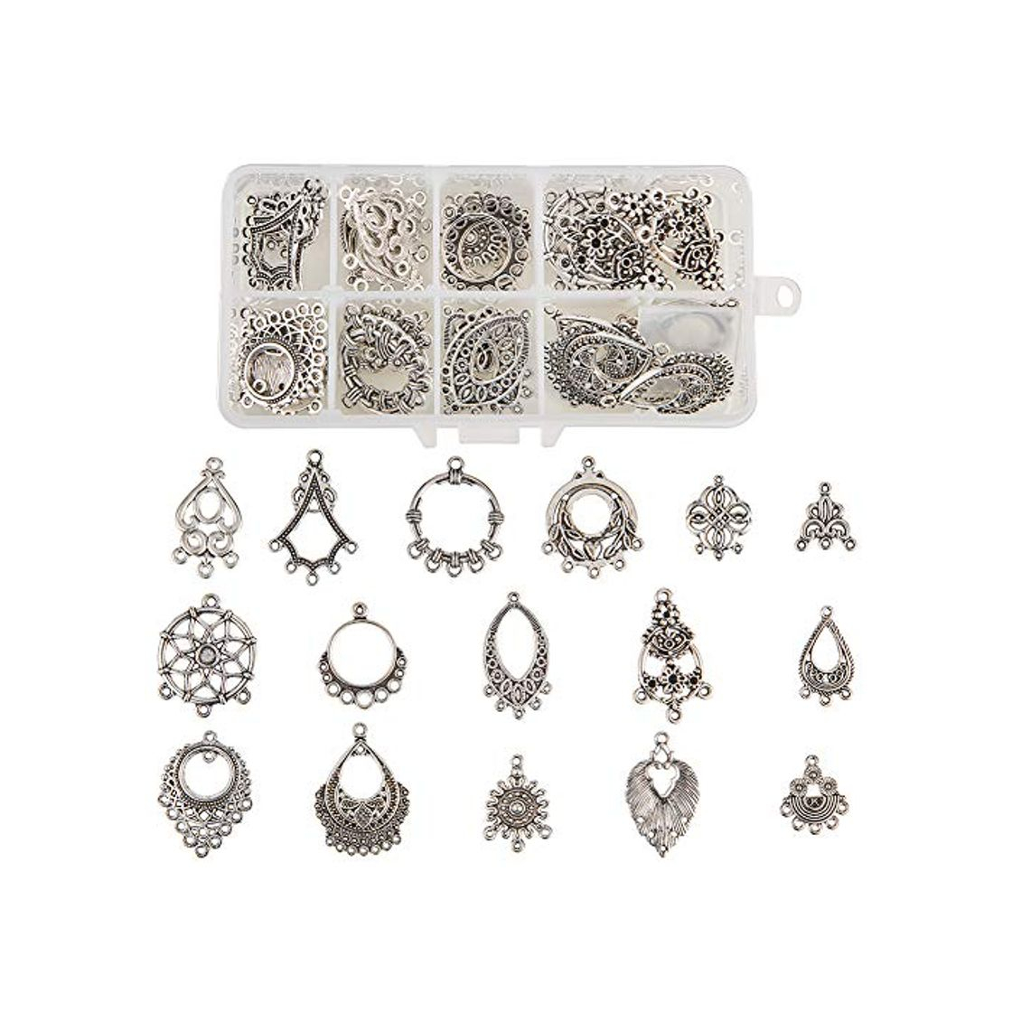 Product SUNNYCLUE 64pcs 16 Estilos Tibetan Earring Chandelier Connector Charms Findings Loops Kit