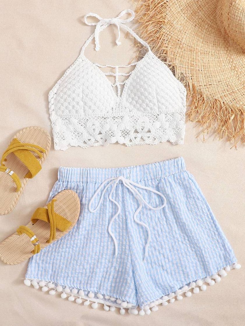 Social Outfit de dos piezas Pompón Guingán Multicolor Bohemio