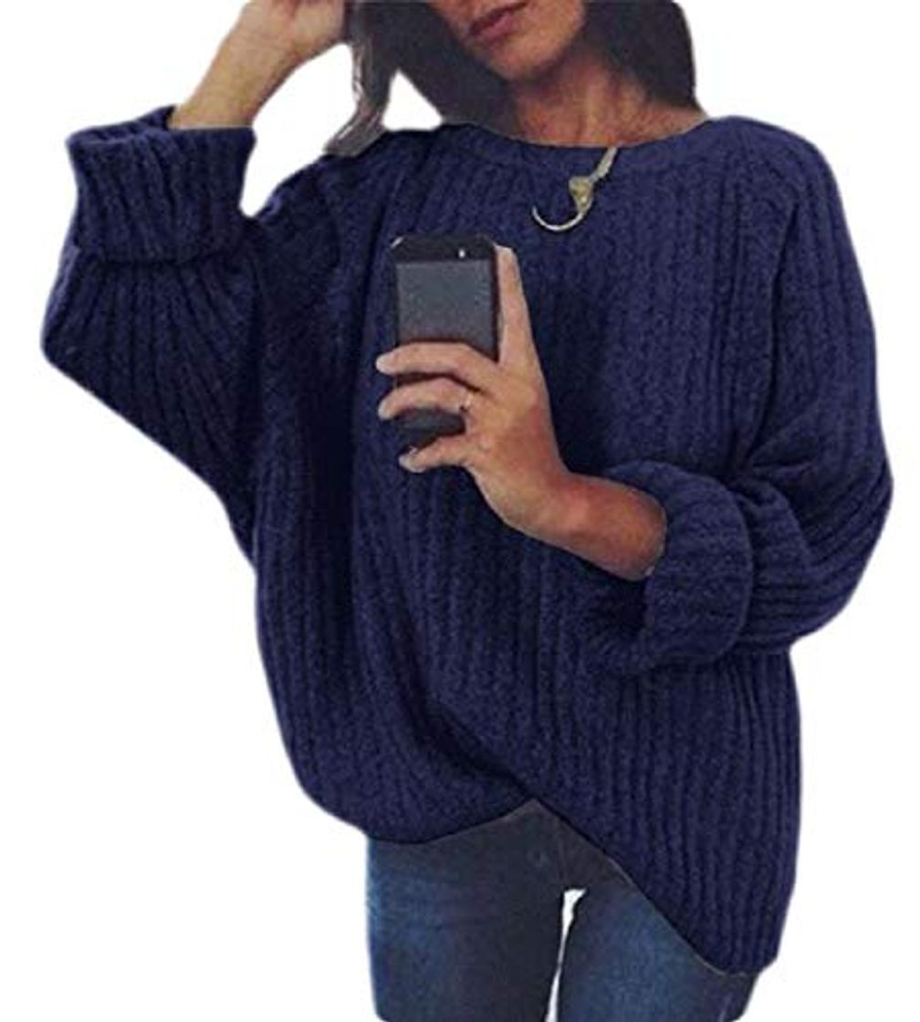 Social ChengZhong Womens Casual Crew Neck Solid Baggy Long Sleeves Knit Pullover Sweaters Dark Blue XL