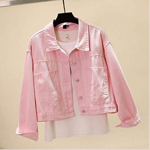 QXNZY Chaquetas Mujeres Candy Colors Jean Jacket Casual Denim Jacket Basic Coat Bolsillos Grandes Abrigo Holgado Mujer Streetwear M Pink