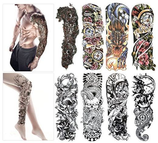Tatuajes temporales de moda - 8 hojas de tatuajes grandes para el