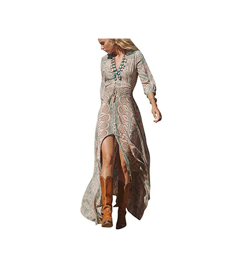 Productos Aberturas Boho Vestido Largo De Manga Larga De Patron De Flor Moda Casual para Mujeres como Imagen S