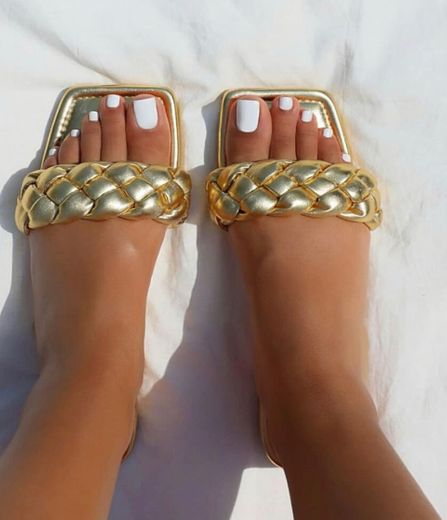 Elsa Gold Woven Strap Square Toe Flat Sandals