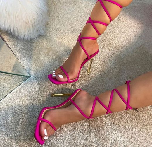 Jessy Fuchsia Pink Lycra Lace Up Stiletto Heels