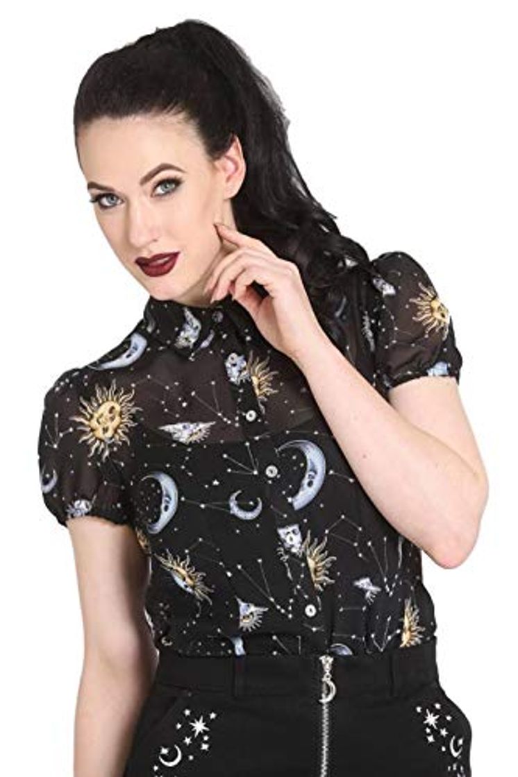 Moda Hell Bunny Blusa Top Gótico de Gasa Solaris Wicca Sol Luna Estrellas