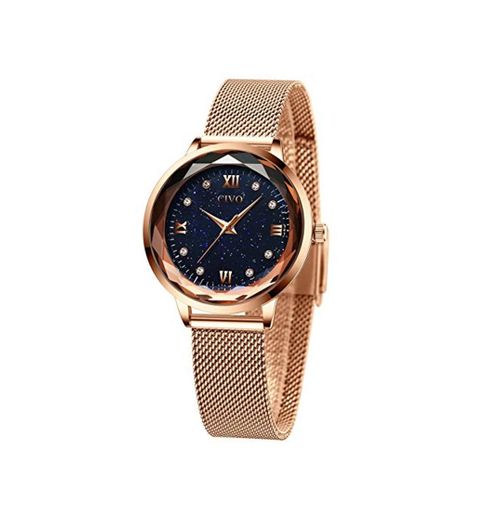 CIVO Relojes Mujeres Oro Rosa Impermeable de Acero Inoxidable Reloj Mujer de Pulsera Marea Vestido Relojes Analógicos con Esfera Cielo Estrellado para Mujeres Damas Niñas