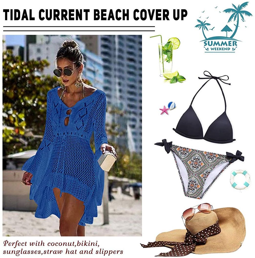 Lugar Voqeen Mujer Manga de murciélago Ahuecar Bikini De Punto Cubrir Vestido Playero