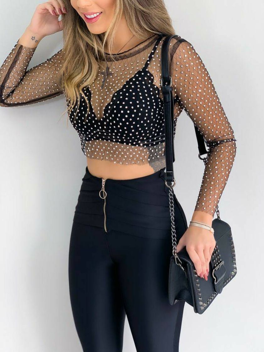 Moda Cropped tule manga longa com aplicações em preto