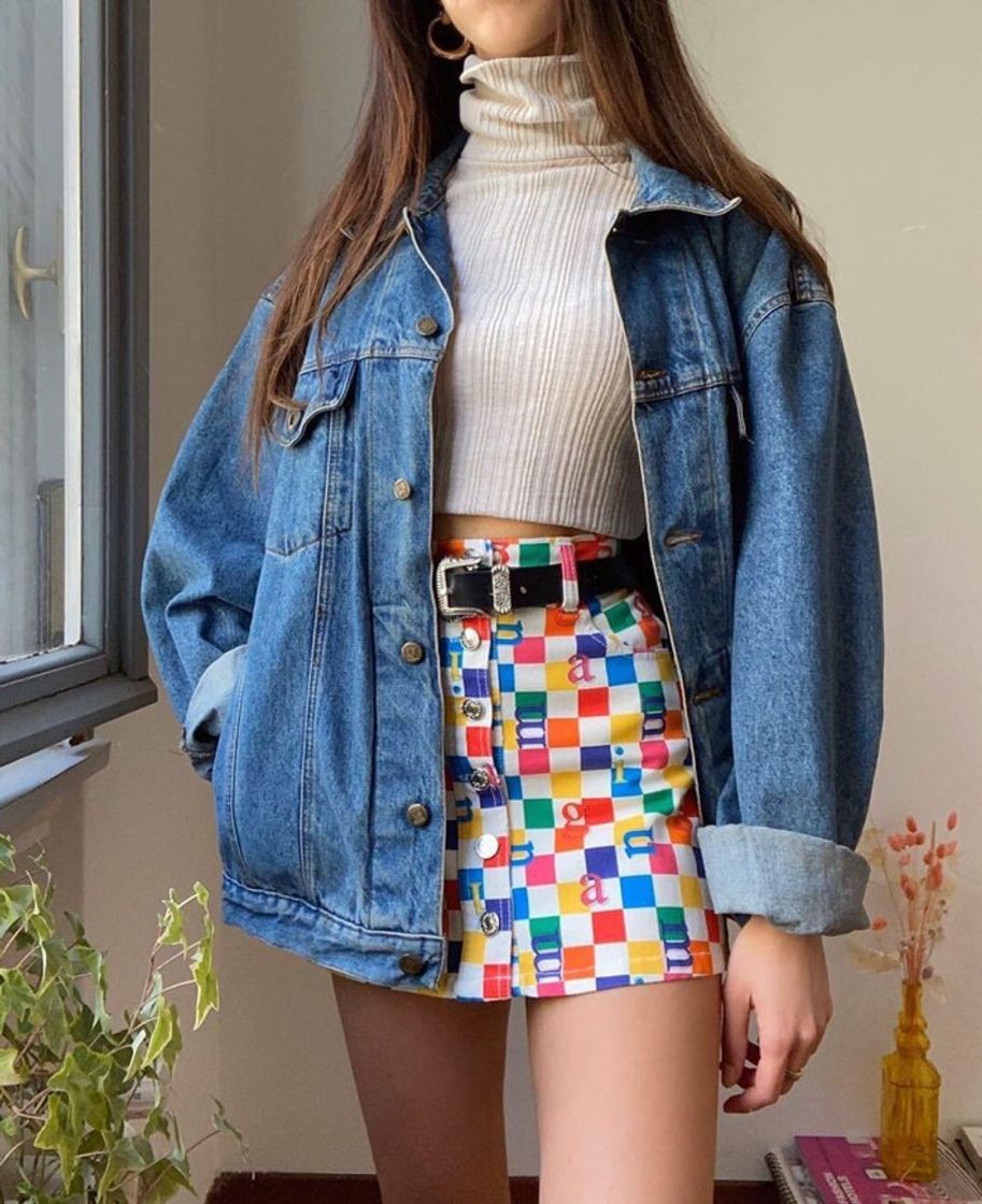 Fashion RAINBOW CHECK DENIM BUTTON SKIRT