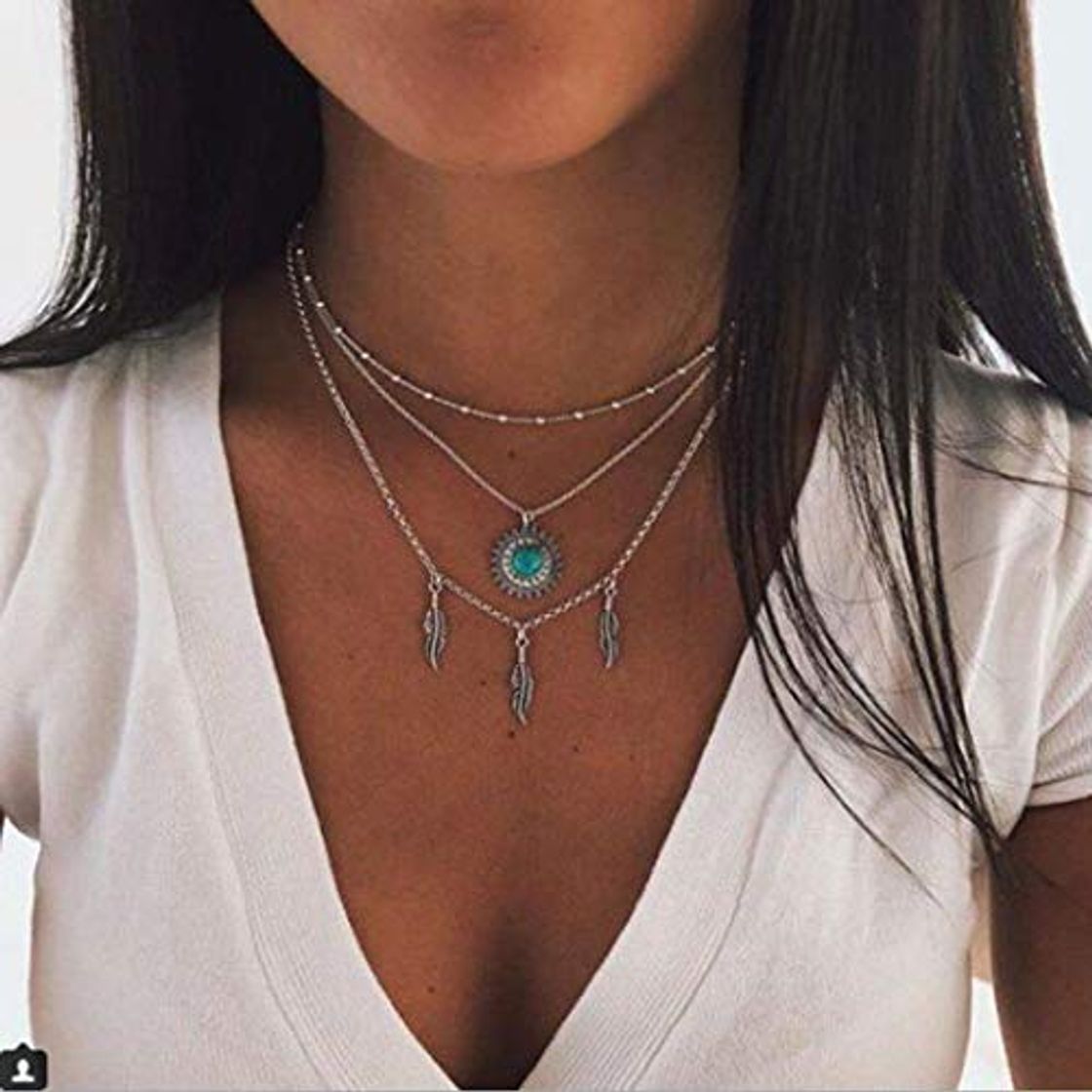 Social Aukmla Vintage Collar en capas Pluma de plata Sol Collares pendientes Gargantilla de cuentas Accesorios de cadena de joyería para mujeres y niñas