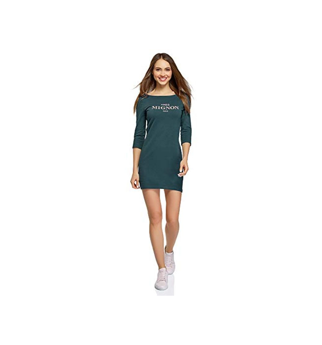 Moda oodji Ultra Mujer Vestido de Punto con Estampado, Verde, ES 40