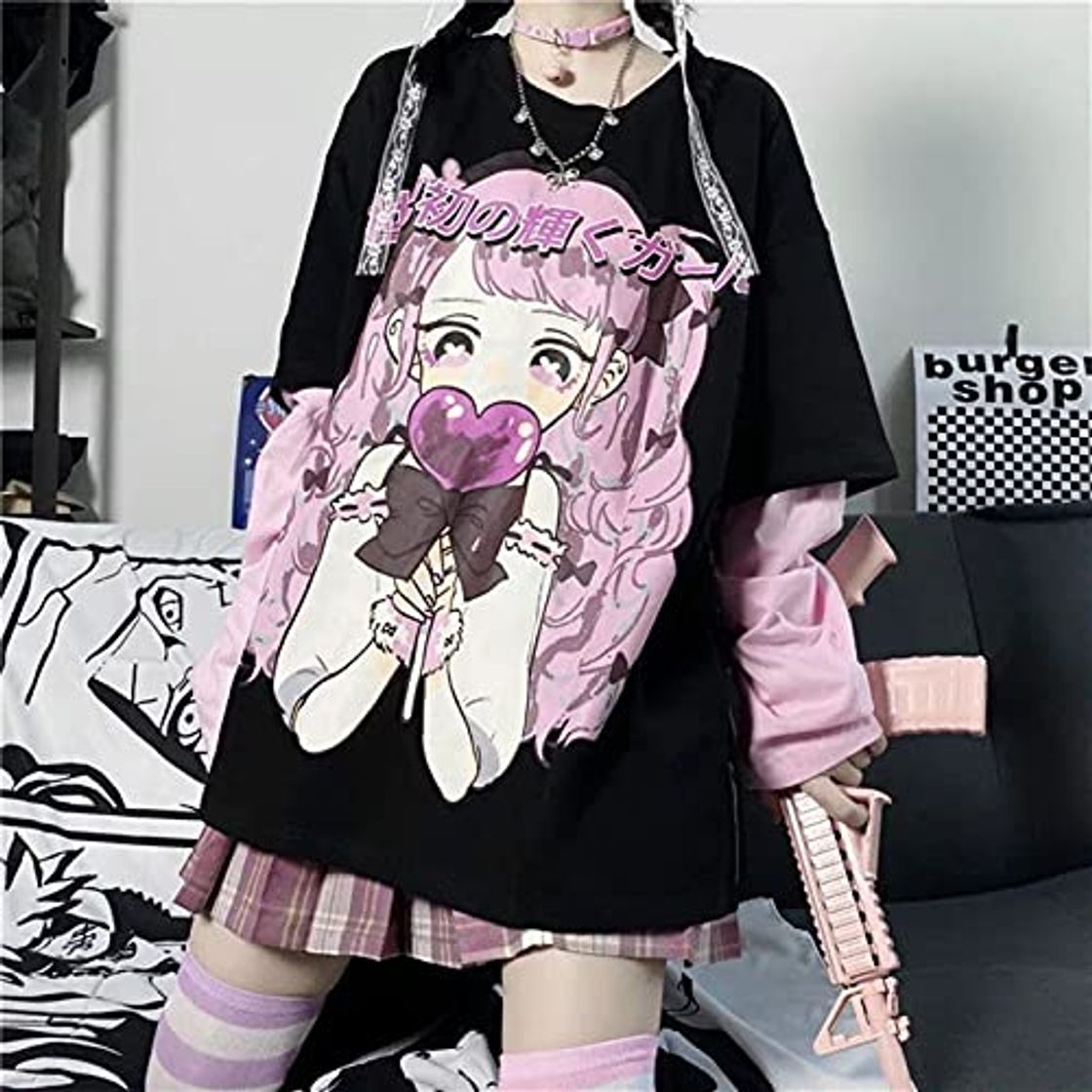 Social DONGYAO Camiseta Mujer Harajuku Camiseta Kawaii JK Girl Print Negro Verano Coreano