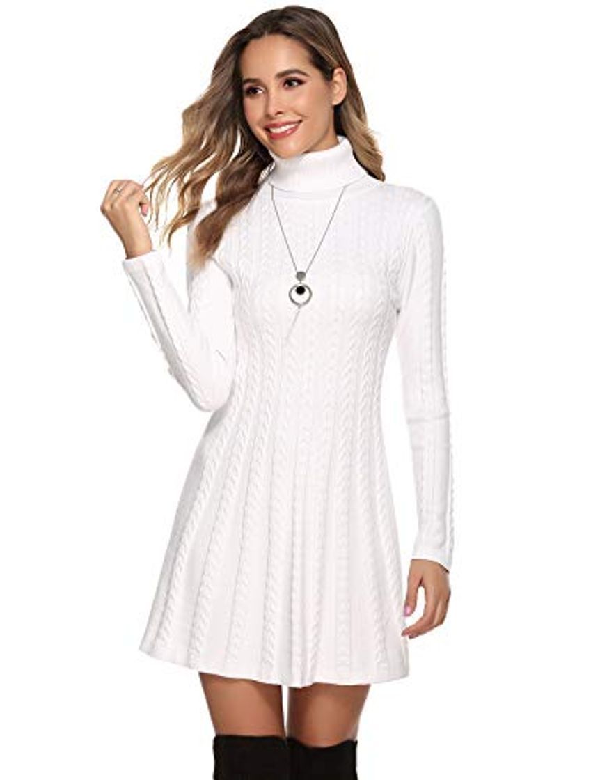 Moda Hawiton Vestido de Punto para Mujer Elegante Vestido de Suéter de Cuello Alto Jersey de Manga Larga de Una Línea para Otoño Invierno