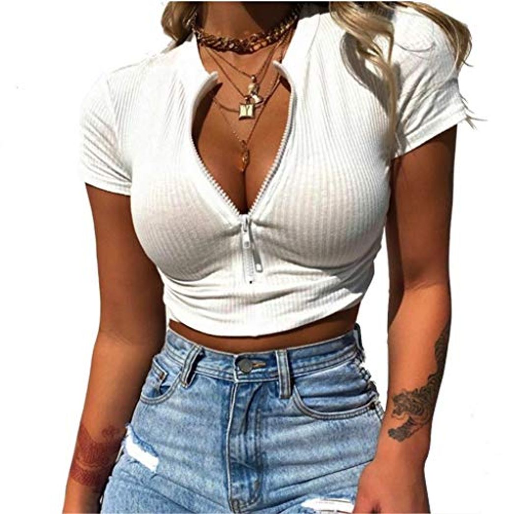 Fashion Crop Top Mujer Camisetas Manga Corta Verano Cuello en V Sexy Casual