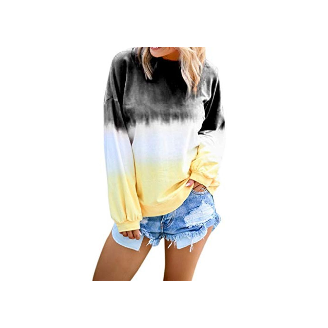 Fashion Luckycat 2019 Moda Mujer Camiseta Manga Larga Gradiente De Retazos Blusa Tops