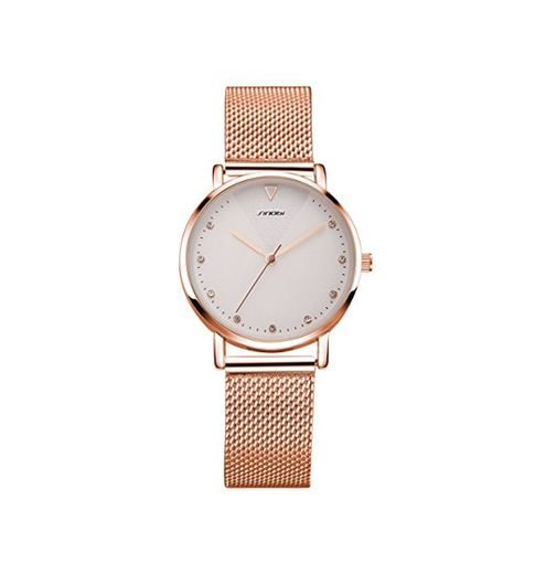 Alienwork Reloj Mujer Relojes Acero Inoxidable Banda de Malla Metálica Oro Rosa Analógicos Cuarzo Blanco Impermeable Strass Purpurina Elegante