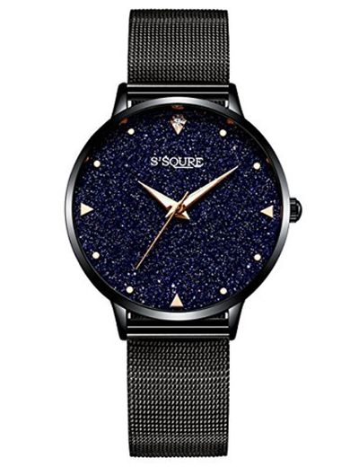 Alienwork Reloj Mujer Relojes Acero Inoxidable Banda de Malla Metálica Negro Analógicos Cuarzo Impermeable Esfera del mármol Verdadero