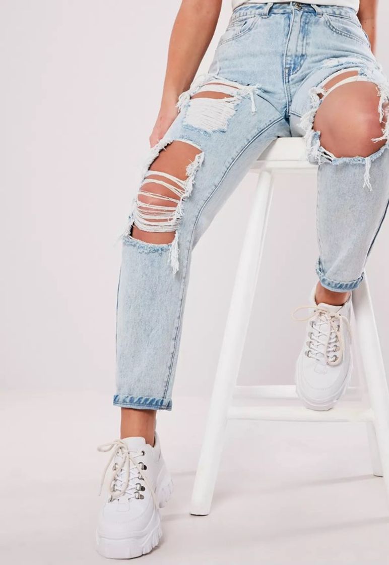 Fashion Light Blue Wash Riot Vintage Distress Mom Jeans | Missguided