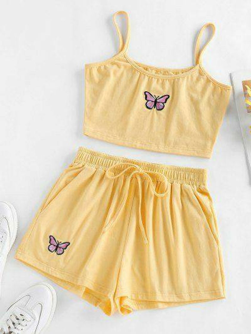 Moda ZAFUL butterfly Embroidery two piece Shorts set S Corn yello