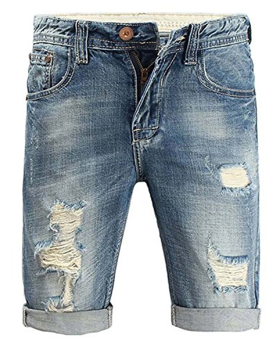 Moda Minetom Moda Bermudas Shorts Hombre de Estilo Jeans Pantalón Roto Stretch de Vintage Slim Fit Vaqueros Cortos Azul 40