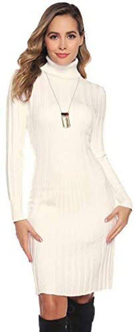 Moda Hawiton Vestido de Punto para Mujer Vestido de Suéter de Cuello Alto Elegante Jersey de Manga Larga de Una Línea para Otoño Invierno