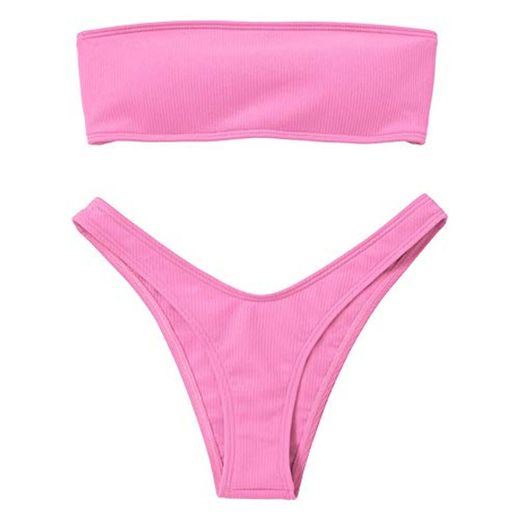 Voqeen Mujeres Sexy Bandeau Traje de baño Cuello Alto sin Tirantes Acanalado Cojín extraíble Conjunto de Bikini de Cintura Baja