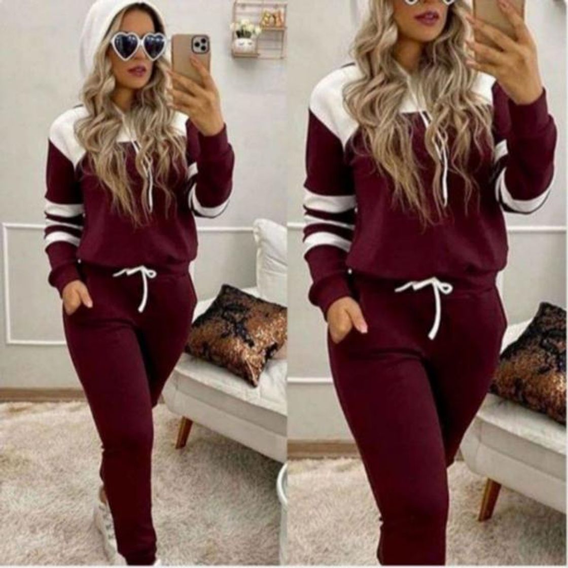 Moda Conjunto Moletom Feminino Inverno Frio Malha Crepe com Capuz Marsala M G e GG