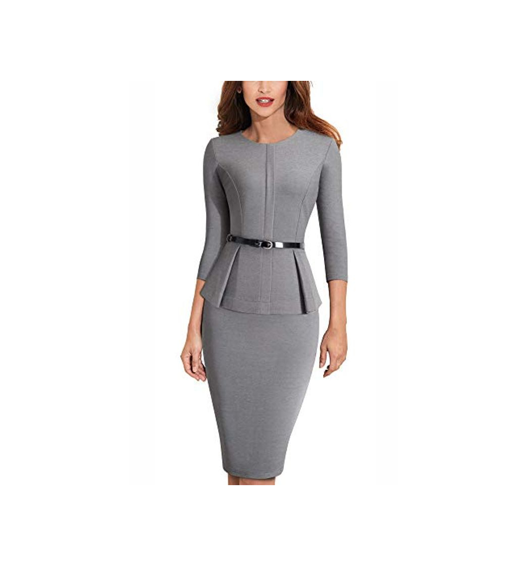 Social HOMEYEE Negocio Vestido de Mujer Cuello Redondo Peplo Cinturón B473