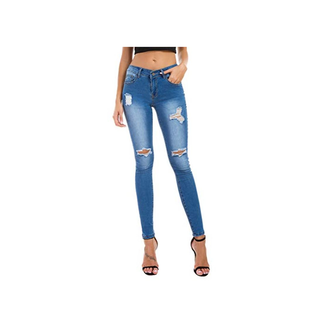 Fashion WMTJS Damas Estirar Jeans Rotos con Pantalones De Cintura Alta Jeggings-Corte Estrecho