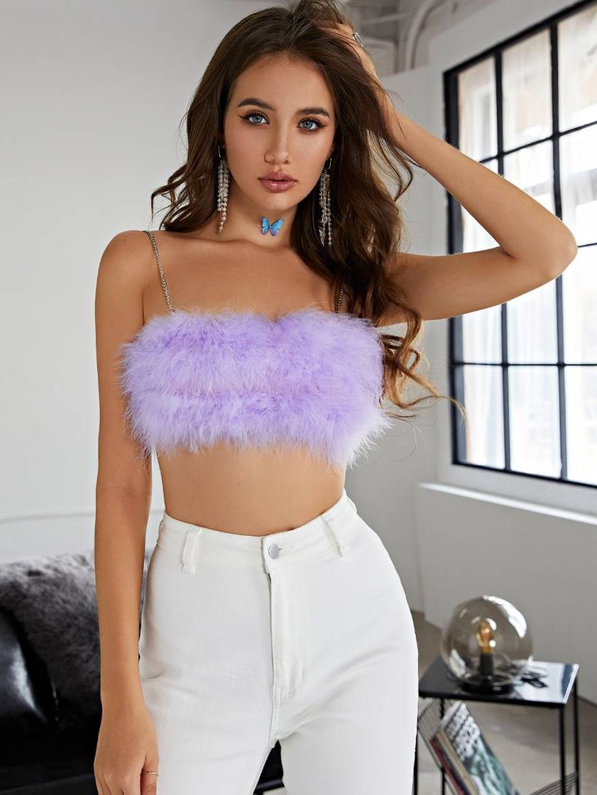 Fashion O-ring Zip Back Fuzzy Chain Cami Crop Top