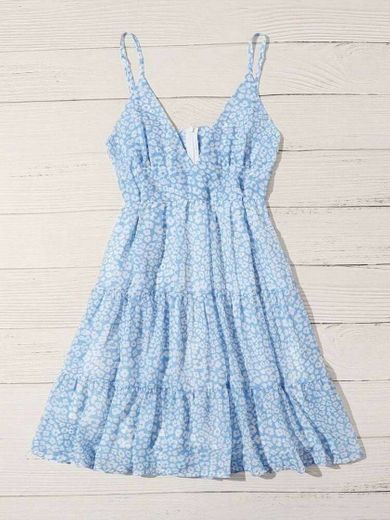 Vestido azul zíper florzinhas