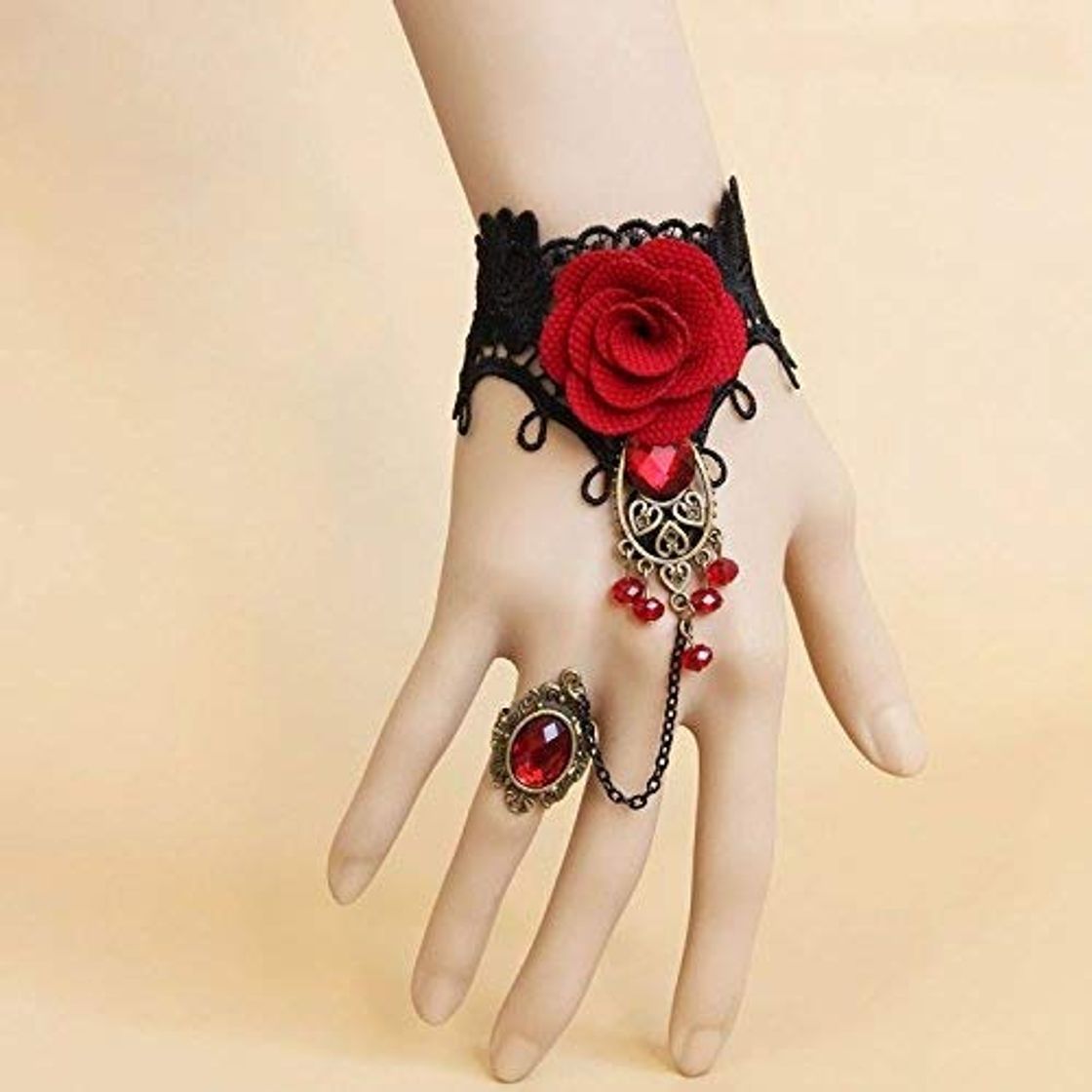 Fashion Five Season 1pcs Handmade Retro Black Lace Vampire Slave Bracelet With Fabric Flower And Red Resin Gothic Style by Five Season