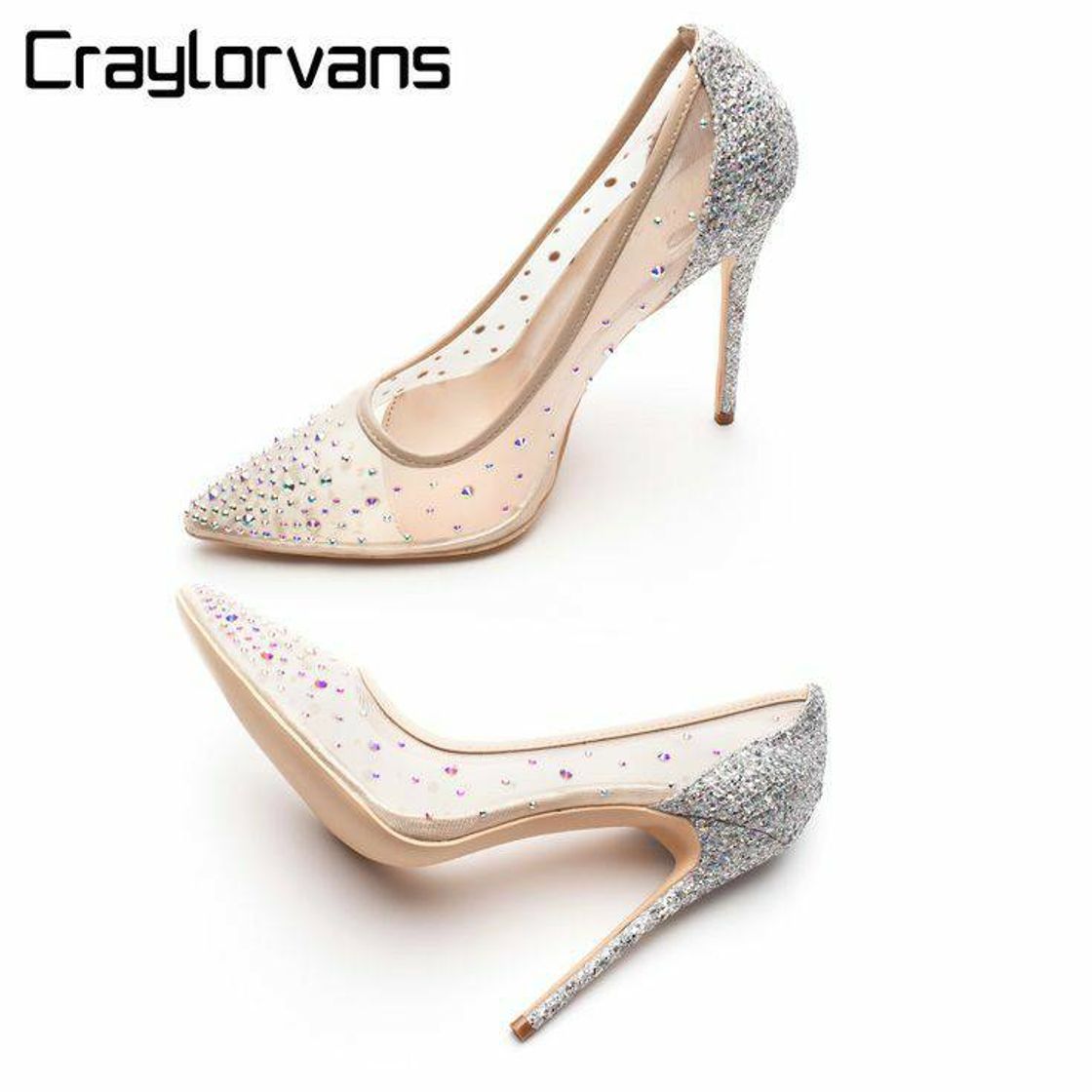 Fashion Craylorvans strass Salto Alto Cristal bling Prata 