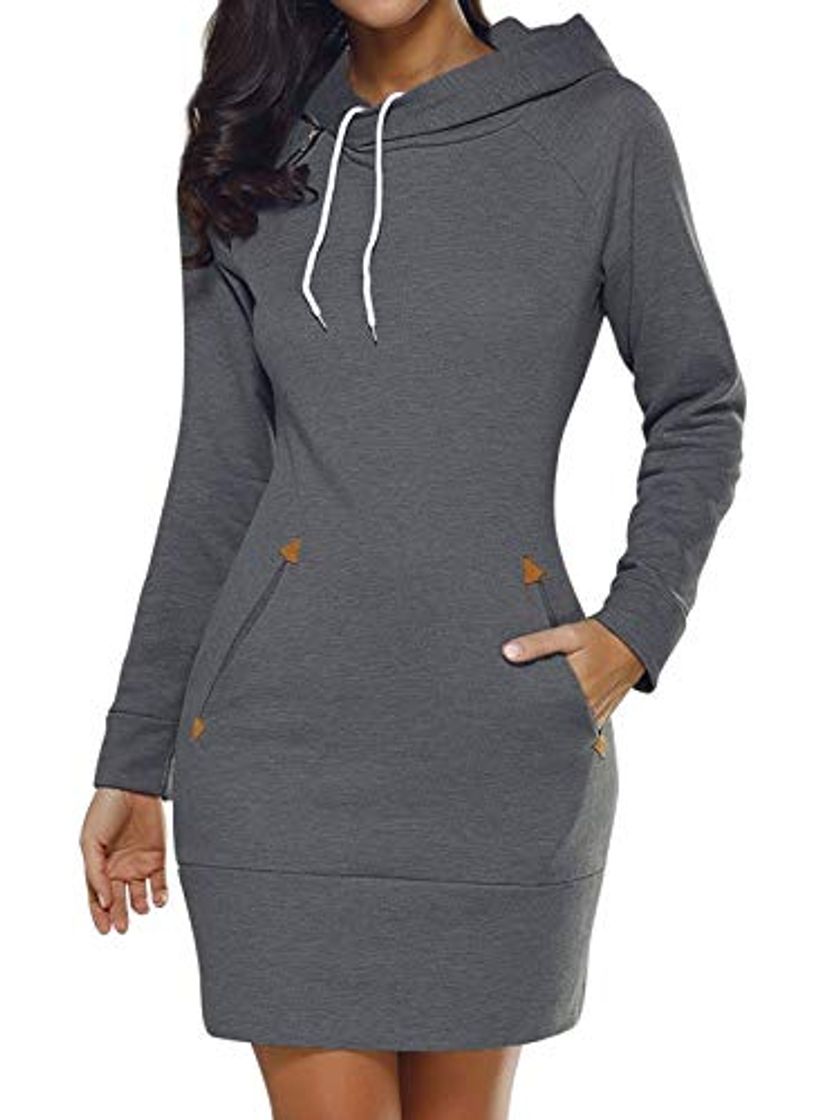 Fashion Eledobby Sudaderas con Capucha para Mujer Vestidos con 2 Bolsillos Sudadera con Cordón de Manga Larga Jersey Largo con Capucha para Mujer Tops Casuales Ropa de Salón Ropa de Otoño Gris Oscuro M