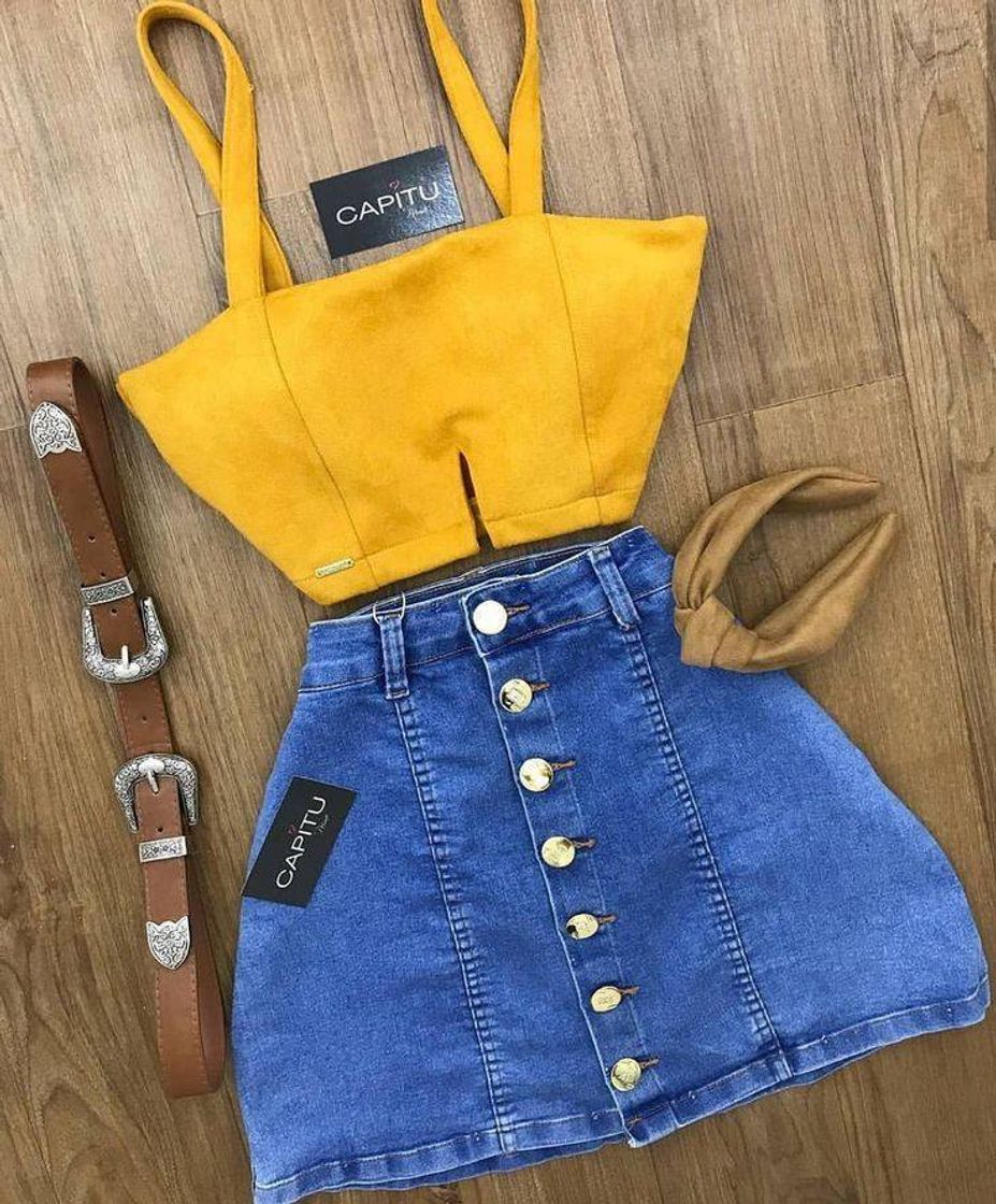 Fashion Saia jeans com top amarelo