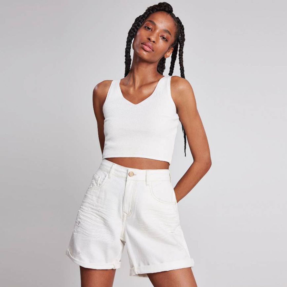 Moda Blusa Decote V Cropped Tricô Branco Off White - Lez a Lez