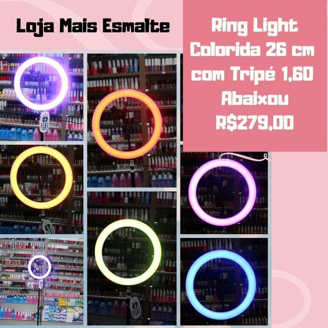 Fashion RING LIGHT COLORIDO (RGB) - COM TRIPÉ 1,60M E CONTROLE REMOT