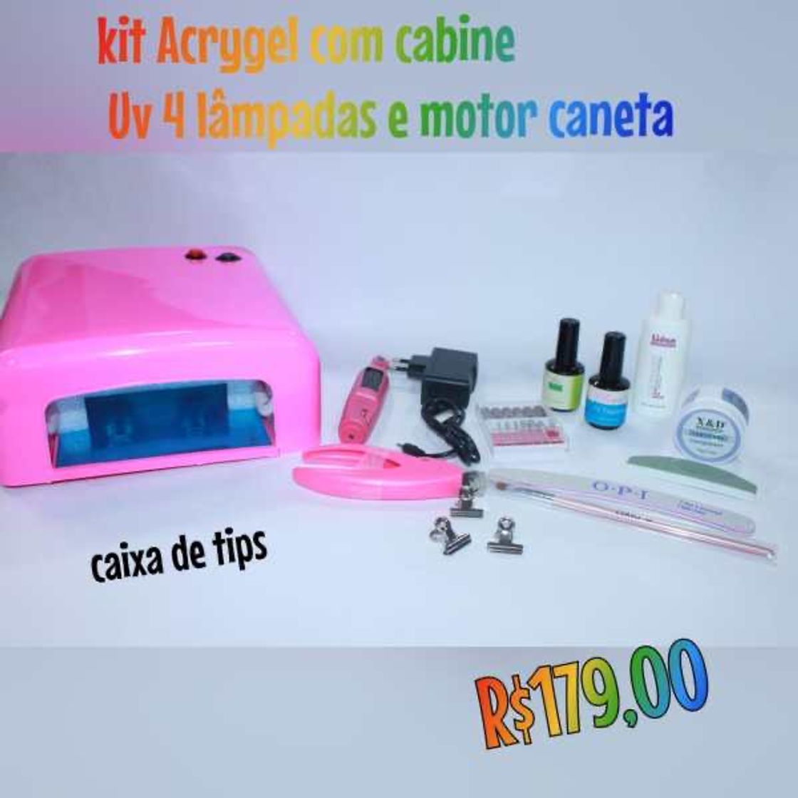 Fashion KIT ACRYGEL (CABINE UV 4 LÂMPADAS + MOTOR CANETA + CAIXA TIP